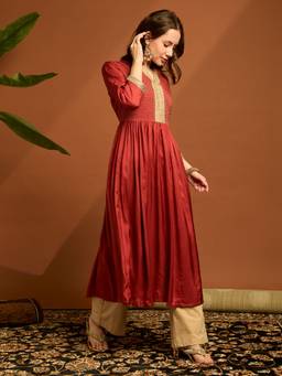Globus - Women Red Zari Embellished Silk Festive Anarkali Kurta