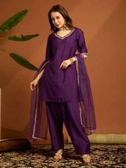 Globus - Women Purple Floral Embroidered V-Neck Silk Kurta with Farsi Salwar and Dupatta