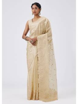 KALKI FASHION - Beige Tissue Silk Saree With Floral Applique