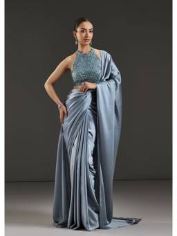 KALKI FASHION - Blue Satin Unstitched Saree With Sequined