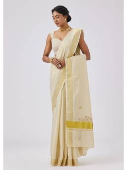 KALKI FASHION - Beige Tissue Embroidered Kasavu Saree