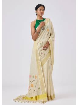 KALKI FASHION - Cream Tissue Kasavu Floral Printed Saree