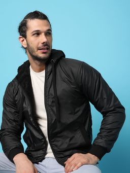 Campus Sutra - Men Solid Zipper Hooded Bomber Jacket