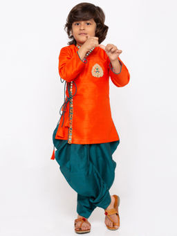 Vastramay - Boys Orange and Bottle Green Silk Blend Kurta and Dhoti (Set of 2)