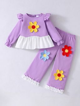 Hopscotch - Floral Applique Ruffle Trim Top and Pant