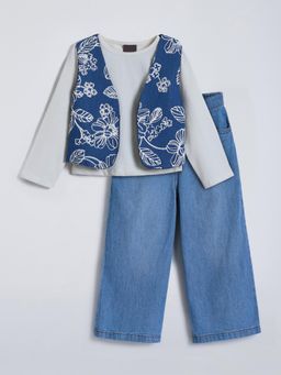 Hopscotch - Floral Embroidered Cotton Jacket, T-shirt and Pant