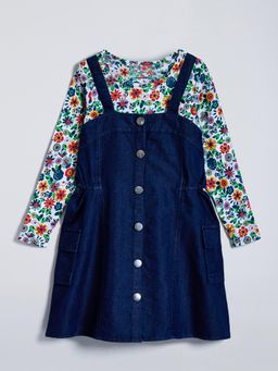 Hopscotch - Floral Cotton Pinafore Dress with T-shirt