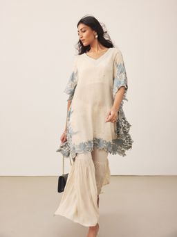 Ritu Kumar - Off White Pannkhuri Kurti with Garara and Camisole