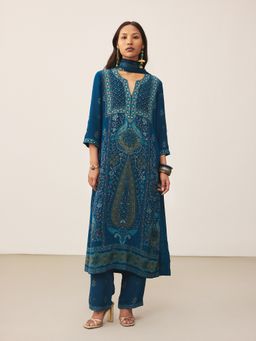 Ritu Kumar - Indigo Kalamjama K Kurta with Pant and Dupatta