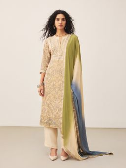 Ritu Kumar - Beige Pastel Jamawar K Kurta with Pant and Dupatta