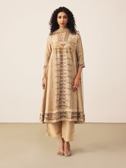 Ritu Kumar - Beige Mashrudhari K Kurta with Pant and Dupatta