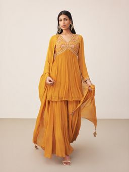 Ritu Kumar - Mustard Iris Solid Full Sleeves Kurti with Sharara and Dupatta