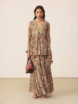 Ritu Kumar - Green Rose Bloom Kurta with Gharara and Dupatta