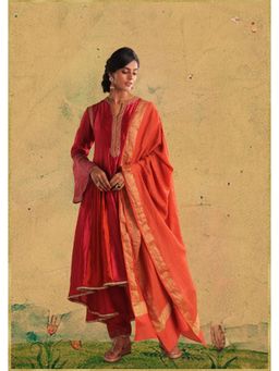 Myoho - Red Handwork Kurta with Pant and Dupatta