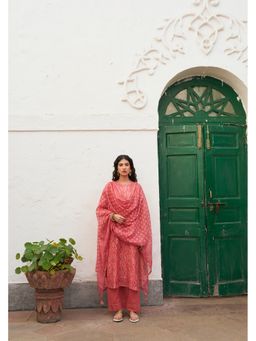 Karaj Jaipur - Coral Chanderi Mirror Work Kurta with Pant and Dupatta