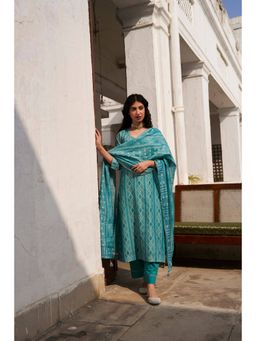 Karaj Jaipur - Teal Chanderi Mirror Work Kurta with Pant and Dupatta