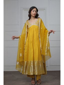 Myoho - Mustard Yellow Banarsi Zari Border Kurta with Pant and Dupatta