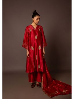 Myoho - Red Dupion Silk Kurta with Pant and Dupatta