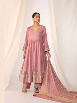 Myoho - Pink Silk Kurta with Pant and Dupatta