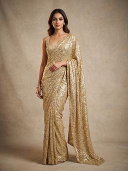 "Two Sisters" by Gyans - Gold All-Over Sequin Saree with Unstitched Blouse