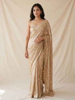 "Two Sisters" by Gyans - Gold Sequin Embellished Saree With Unstitched Blouse