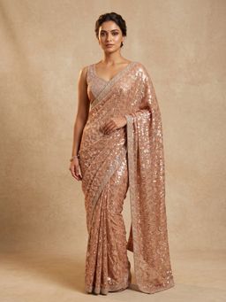 "Two Sisters" by Gyans - Peach All-Over Sequin Saree with Unstitched Blouse