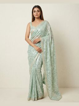 "Two Sisters" by Gyans - Sea Green Sequin Drape Saree With Unstitched Blouse