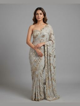 "Two Sisters" by Gyans - Grey Sequin Drape Saree With Unstitched Blouse