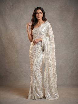 "Two Sisters" by Gyans - Ivory All-Over Drape Saree With Unstitched Blouse