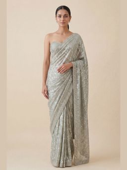 "Two Sisters" by Gyans - Grey Sequin Embellished Saree with Unstitched Blouse