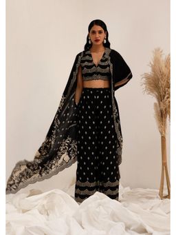 SURKH SYAHI - Gulshan Black Crepe Embellished Crop Top with Cape with Palazzo