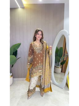 SURKH SYAHI - Rooh Brown Crepe Embellished Kurta with Palazzo and Dupatta