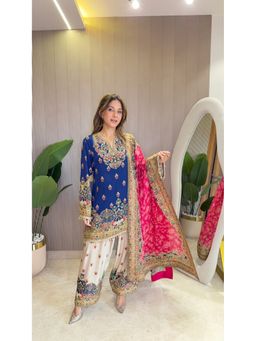 SURKH SYAHI - Rooh Navy Blue Crepe Embellished Kurta with Palazzo and Dupatta