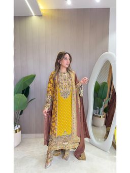 SURKH SYAHI - Rooh Mustard Crepe Embellished Kurta with Palazzo and Dupatta