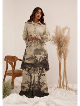 SURKH SYAHI - Vanya Beige Linen Embellished Tunic with Slip and Palazzo