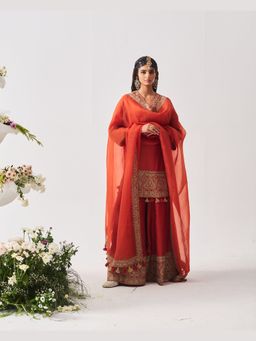 WABI SABI by Anshum-Ritesh - Paan Booti Rust Chanderi Embellished Kurta with Sharara and Dupatta