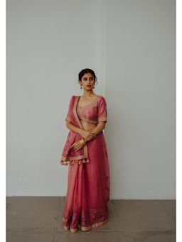 WABI SABI by Anshum-Ritesh - Sada Bahar Pink Organza Floral Saree with Stitched Blouse