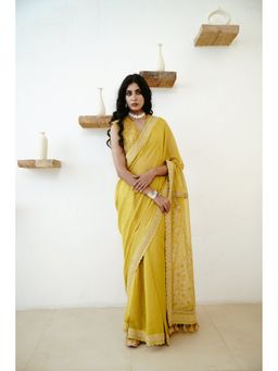 WABI SABI by Anshum-Ritesh - Mustard Bloom Mustard Tissue Embroidered Saree with Stitched Blouse