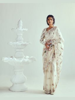 WABI SABI by Anshum-Ritesh - Gul Posh Ivory Organza Floral Saree with Stitched Blouse