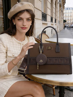 Lavie Paris - Women's Jade Monogram Satchel Bag with Detachable Strap -Brown (LARGE)
