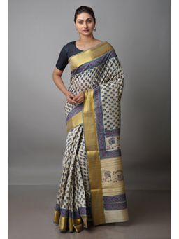 Unnati Silks - Beige Pure Handloom Bengal Tusshar Silk Saree with Unstitched Blouse