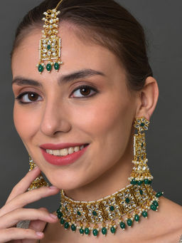 Sohi - Gold Plated Green Kundan Jewellery (Set of 3)