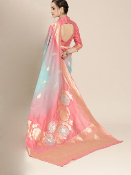 Akhilam - Blue And Pink Festive Wear Silk Blend Woven Saree With Unstitched Blouse with Unstitched