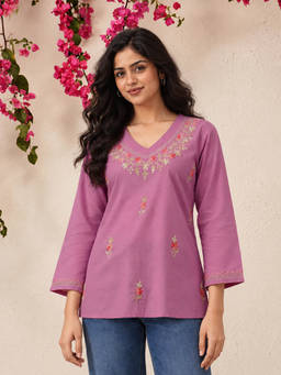 QAZMI - Women Pure Cotton Aari Work V-Neck Full Sleeves Kurti