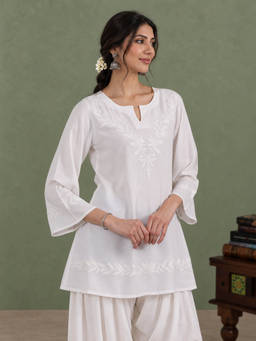 QAZMI - Women Kashmiri Aari Embroidered Viscose Rayon A-Line Short Kurti with Bell Sleeves