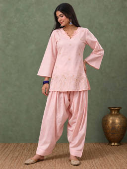QAZMI - Women's Pink Pure Cotton Aari Embroidered Short Kurta with Farshi Salwar Set