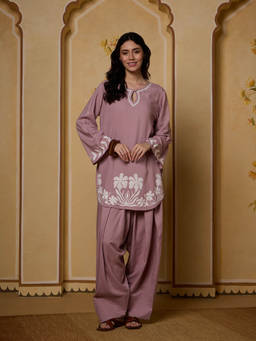 QAZMI - Women Floral Aari Embroidered Viscose Rayon Kurti with Farshi Salwar