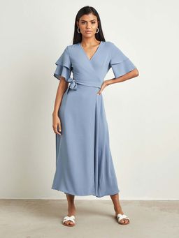Styli - Blue Wrap Around Midi Dress With Flutter Sleeves