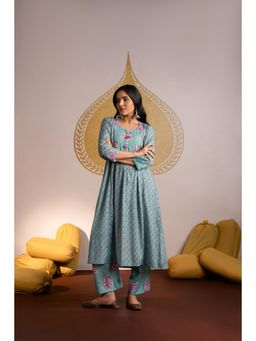 Mahee Jaipur - Sea Green Floral Print A Line Chanderi Kurta with Pant