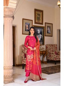 Mahee Jaipur - Fresh Pink Bloom Pure Muslin Kurta with Pant & Dupatta